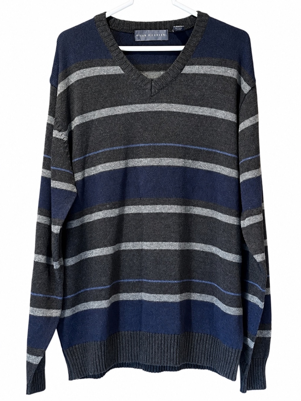 Oscar De La Renta Mens V-Neck Sweater XL Blue Gray Striped Vintage Knit Pullover